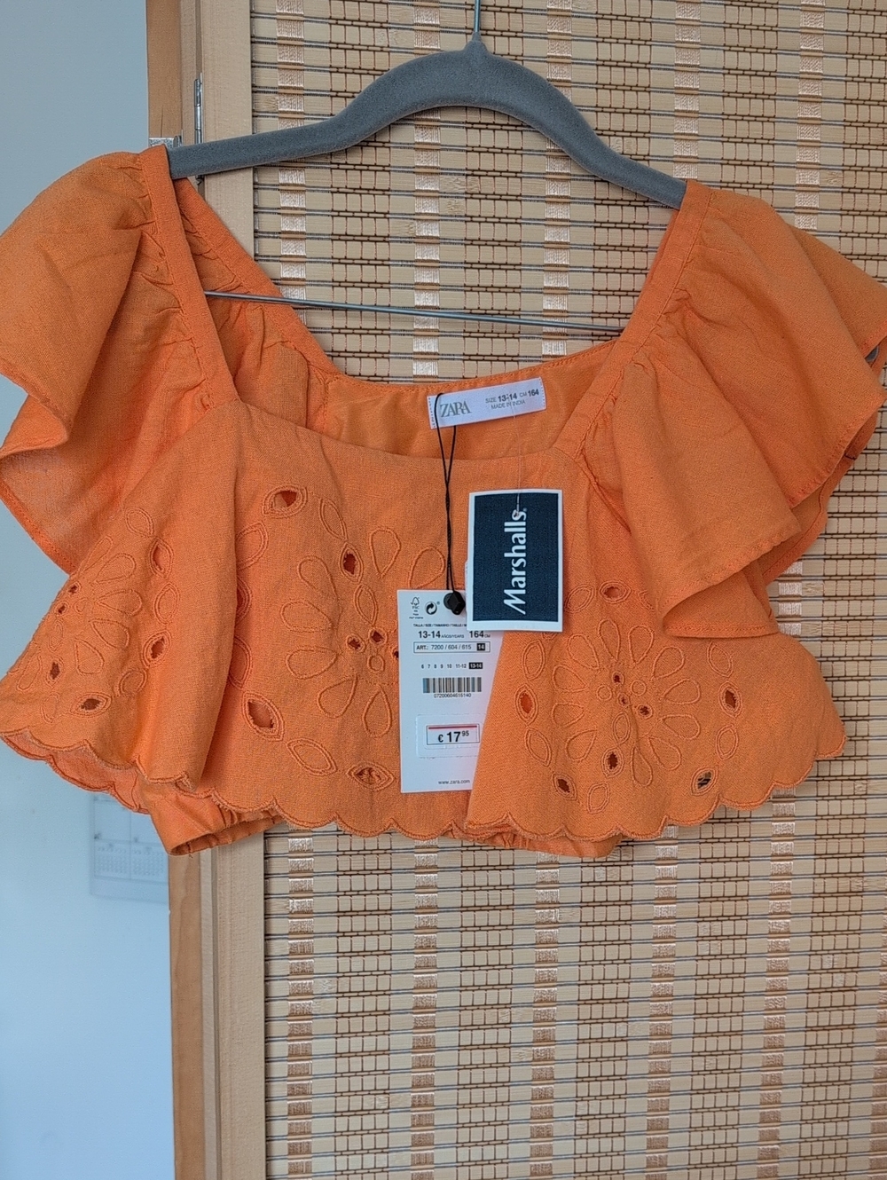 Zara Orange Eyelet Ruffle Crop Top